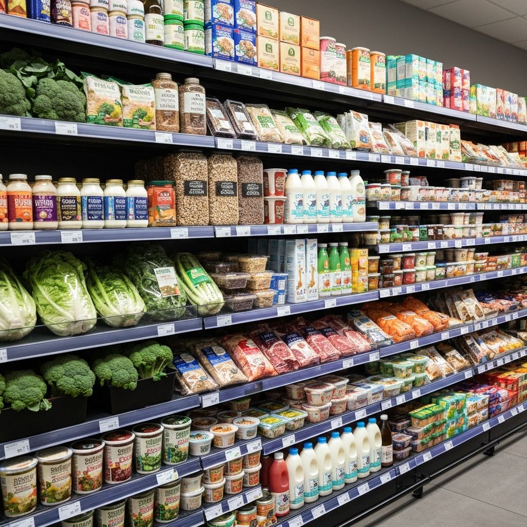 UK supermarket shelves with different food groups